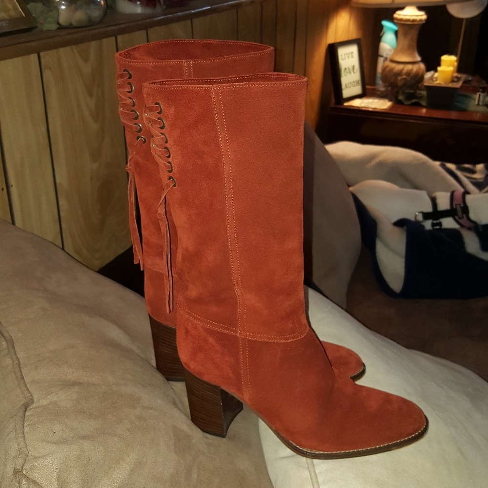 Coach Rusty Red Velvet Tie Boots - Picture 2 of 6